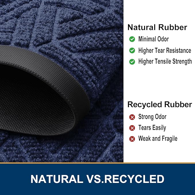 Smiry Front Door Mat Outside Entrance, Heavy Duty Sturdy Natural Rubber Doormat, Trap Dirt and Moisture, Easy Clean Low Profile Mats for Indoor Outdoor Entry, Grid Geometric (35x23, Navy Blue)