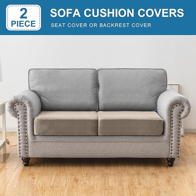 Couch Cover Stretch Velvet Sofa Cushion Cover 2-Piece - Elastic Washable Slipcover for Seat or Backrest, Couch Seat Covers for Sofas (Taupe)