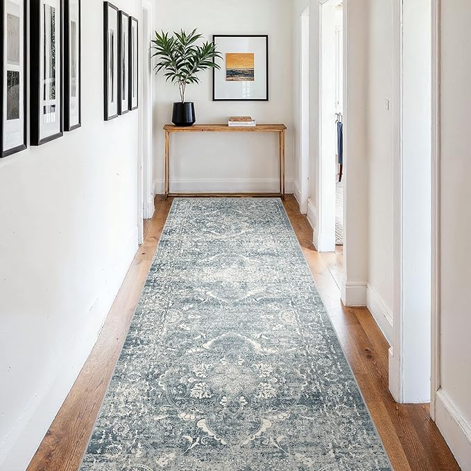 4x12 Washable Hallway Runner Rug - Wide Kitchen Runners Vintage Low Pile Carpet Soft Thin Floor Runner with Rubber Backing for Entryway Bedroom Living Room Home Decor (Blue)