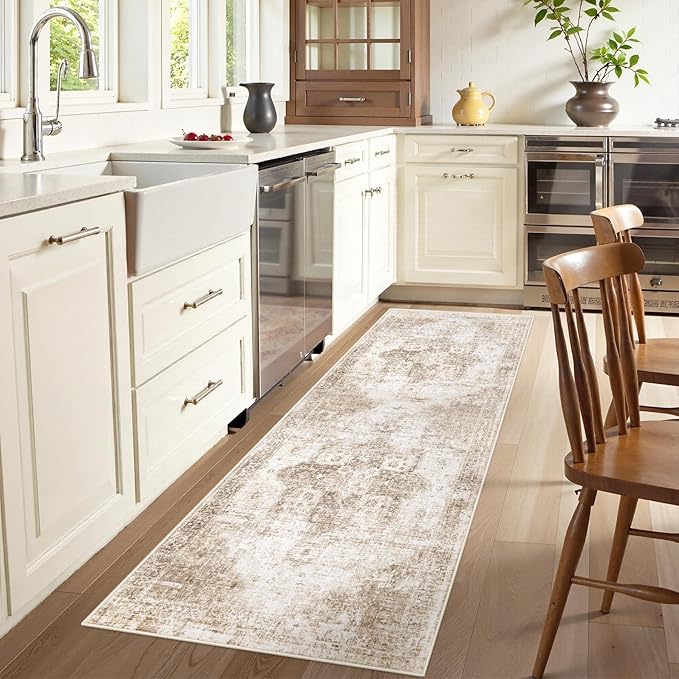 Runner Rug 2x6 Washable Rug, Vintage Boho Medallion Hallway Runner Non-Slip Soft Low Pile Distressed Floor Carpet Retro Doormat for Kitchen Bedroom Laundry Entryway Bathroom (Brown, 2'x6')