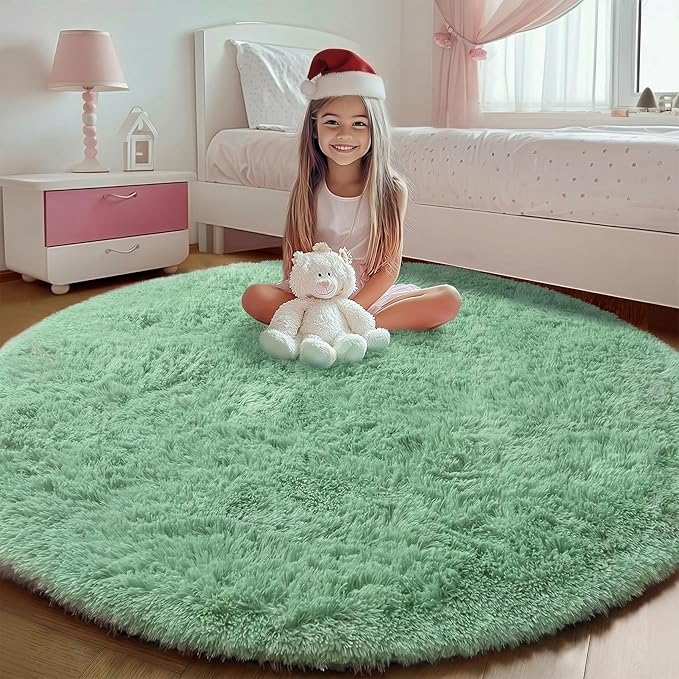 ONASAR Sage Green Round Area Rug 4ft, Fluffy Soft Bedroom Circle Rugs for Kids Girls Boys Teen Dorm Room, Cute Furry Plush Shaggy Carpet for Nursery Living Room Playroom Christmas Home Decor