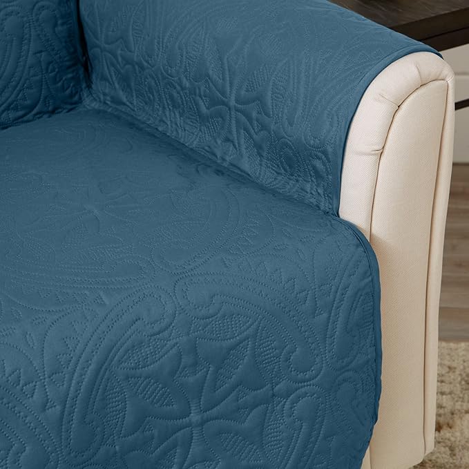Great Bay Home Reversible Loveseat Cover - Washable Slipcover Furniture Protector with Elastic Straps - Perfect for Kids & Pets - Quilted & Stitched Detail (Smoke Blue/Ivory)
