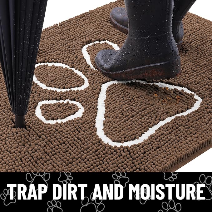 Smiry Dog Door Mat for Muddy Paws, Absorbent Dirt Trapper Non Slip Quick Dry Washable Chenille Mat for Mud Dogs, Entry Rug for Indoor and Outdoor (30x20 Inches, Coffee and White)