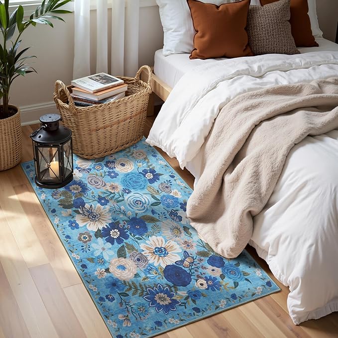 2x5 Entryway Runner Rugs, Non Slip Washable Rugs with Rubber Backing Soft Floral Carpet Runner for Kitchen, Laundry, Bedroom, Bathroom(2 x 5, Blue Garden)