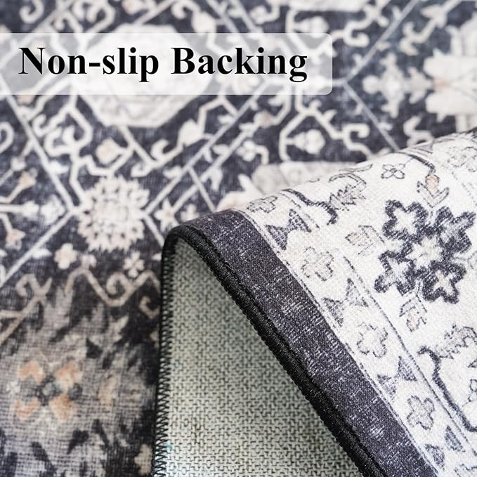 Washable Large 9x12 Area Rug: Indoor Oriental Living Room Carpet with Non Slip Backing Ultra Soft Low Pile Rugs for Bedroom Dining Room Distressed Stain Resistant Thin Floor Mat (9x12 Black)