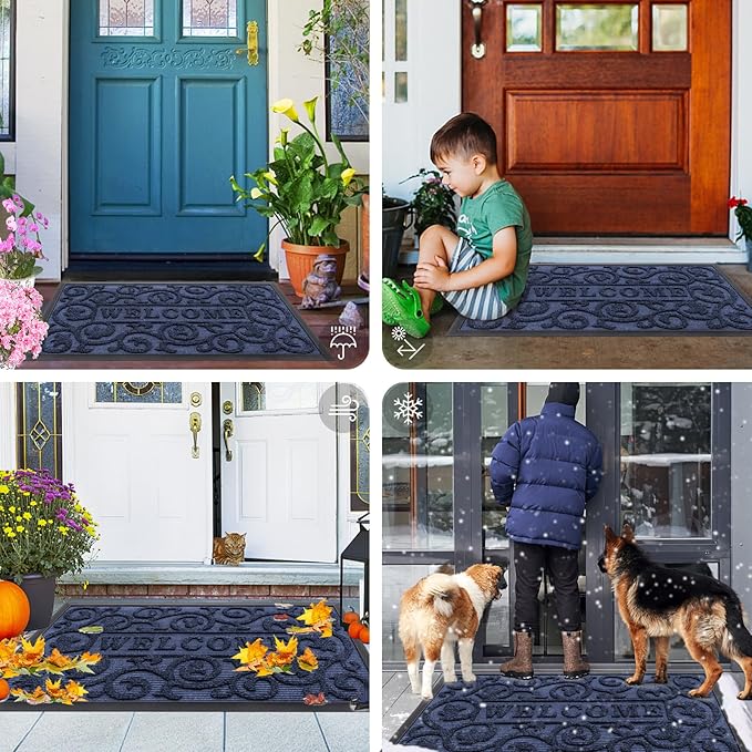 Smiry Welcome Door Mat Outside Entrance, Heavy Duty Trap Dirt and Moisture Easy Clean Low Profile Patio Porch Indoor Outdoor Front Doormat for Entry, 29.5x17 Inch, Navy Blue