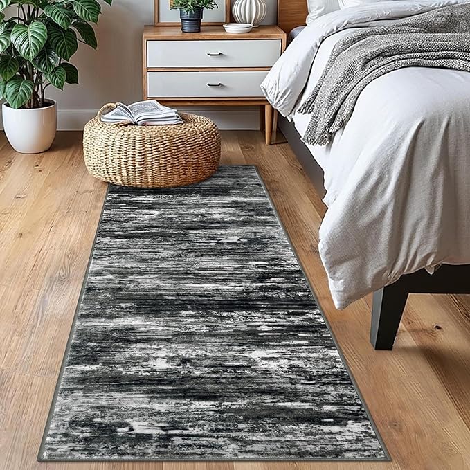 KOZYFLY Modern Abstract Kitchen Runner Rug, 2x6 Washable Rug Runner Non-Slip Soft Striped Hallway Runner Rugs, Black Grey Print Carpet Runner for Entryway Bathroom Laundry Room Foyer