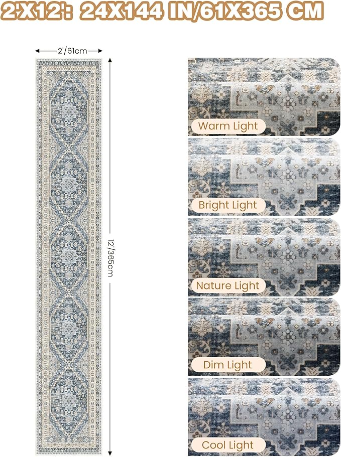 Hallway Runner Rug 2x12, Extra Long Washable Runner Rugs with Rubber Backing, Non Slip Runner, Vintage Rug Runners for Kitchen Laundry Room Entryway (Blue/Beige,2'x12')