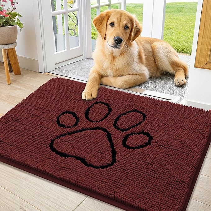 Smiry Dog Door Mat for Muddy Paws, Absorbent Dirt Trapper Non Slip Quick Dry Washable Chenille Mat for Mud Dogs, Entry Rug for Indoor and Outdoor (36x24 Inches, Caramel Russet and Black