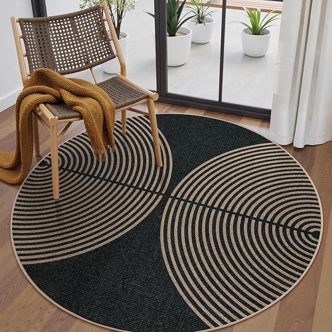 Lahome Enfys Modern Rainbow Round Rug, 6ft Easy Jute Circle Patio Rug Washable Indoor Outdoor Carpet for Living Room, Farmhouse Natural Contemporary Round Mat for Entryway Backyard Porch