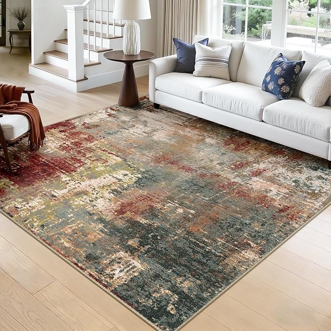 Washable Area Rugs Square 8ft Non-Slip Modern Abstract Soft for Living Room Entryway Bedroom Nursery, Print Pattern, Brown Rust Red Green Blue Multi