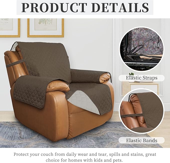 ISSUNTEX Double Protection 100% Waterproof Recliner Covers for Living Room, Reversible Furniture Protector Recliner Couch Sofa Slipcover for Dogs, Pets, Kids (Oversized Recliner, Camel/Ivory)