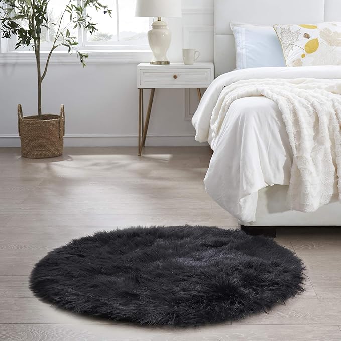 Ciicool Round Fur Fluffy Area Rug for BedroomRound Fur Fluffy Area Rug for Bedroom, Black Faux Fur Rugs Furry Circle Rug