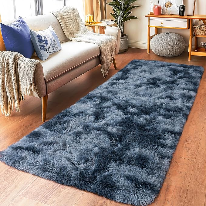 Pionblank Fluffy Runner Rugs for Bedroom 2x6, Modern Shaggy Area Rug for Hallway Living Room, Plush Soft Fuzzy Bedside Carpet for Kids Girls Boys Room Nursery Decor, Blue Grey