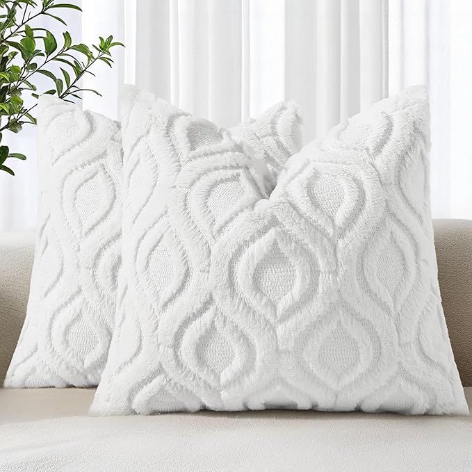 decorUhome Throw Pillow Covers 20x20 Inch Set of 2, Soft Plush Faux Wool White Solid Couch Pillow Covers, Accent Farmhouse Neutral Square Pillow Cases for Sofa Bed Living Room