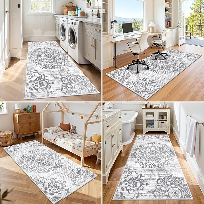 HEBE Washable Area Rug - 3'x6' Non Slip Soft Distressed Medallion Bedroom & Living Room Accent Throw Vintage Entry Floor Carpet for Dining Room & Bathroom Entryway