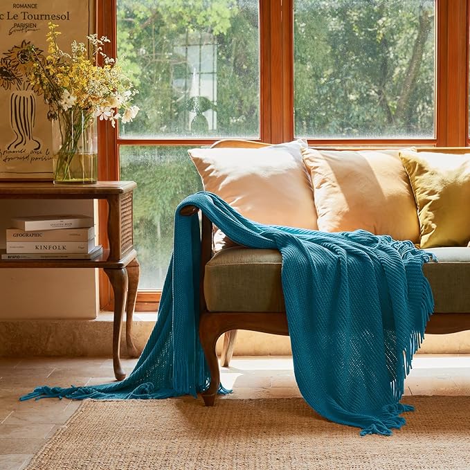 lifein Chenille Throw Blanket 60x80 - Soft Boho Knitted Blanket for Couch Cozy Farmhouse Decor Bed Throw, Lightweight All Season Teal Blanket, Decorative for Living Room Bedroom Spring Decor
