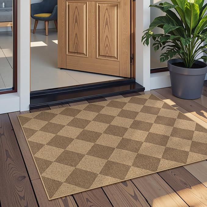 Lahome Colette Checkered Easy Jute Rug, 2x3 Entryway Rug Indoor Outdoor Front Door Mat, Farmhouse Neutral Non Slip Non Shedding Washable Kitchen Mats for Floor Foyer