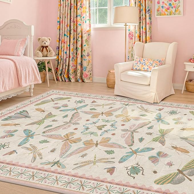 Hazo Haus Washable 5x8 Light Pink Rug for Bedroom - Pink Boho Girl Nursery Rug, Living Room, Nature Insect Bug Print Home Decor