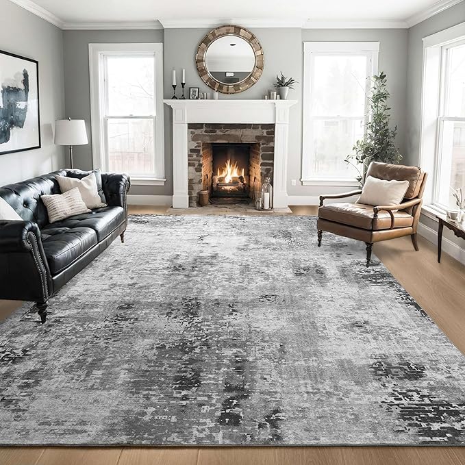 Living Room Rug 6x9 Gray Area Rug Machine Washable Boho Carpet Non Slip Abstract Vintage Indoor Large Rugs for Bedroom, Classroom, College Dorm, Farmhouse, Dining Room, Kids Playroom