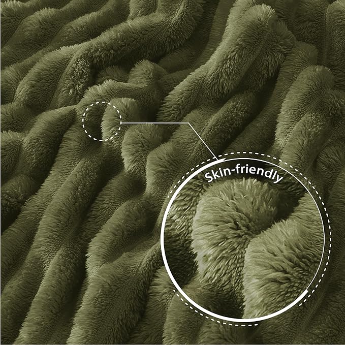 Exclusivo Mezcla Twin Size Flannel Fleece Blanket, Super Soft Striped Jacquard Bed Blanket, Lightweight Fuzzy Cozy for All Seasons, 60x80 Inches, Olive Green