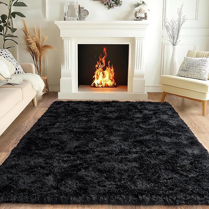 Pionblank Super Fluffy Area Rug for Living Room 5x7 Feet, Modern Indoor Shaggy Carpet, Soft Plush Non Slip Rugs for Bedroom Kids Room Cloakroom Home Decor, Black
