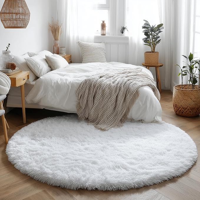 Round Rugs 5Ft White Circle Area Rug, Fluffy Fuzzy Bedroom Carpets for Kids Playroom Home Decor Aesthetic, Plush Soft Shaggy Living Room Rugs for Nursery Dorm Classroom, Modern Cute Shag Furry Carpet