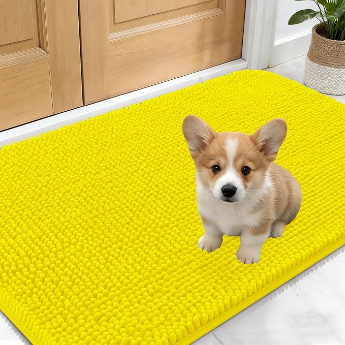 OLANLY Dog Door Mat for Muddy Paws 24x16, Absorbs Moisture and Dirt, Absorbent Non-Slip Washable Doormat, Quick Dry Chenille Mud Mat, Entry Indoor Entryway Carpet for Inside Floor, Lemon Yellow