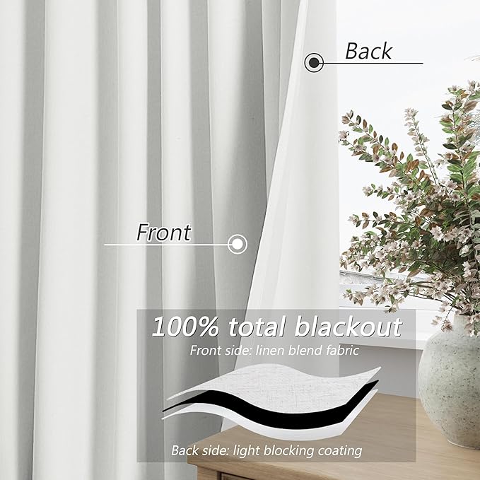 Guken White 100% Blackout Linen Curtains 108 Inch Length 2 Panels Set for Living Room Bedroom Back Tab Thermal Insulated Black Out Drapes Room Darkening Farmhouse Window Curtains 52x108
