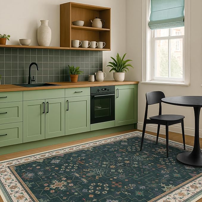 Hazo Haus Vintage Dark Green 6x8 Dining Room Rugs for Under Kitchen Table - Washable Livinig Room Rug - Unique Floral Pastel Low Pile Non-Slip Area Rugs for Bedroom