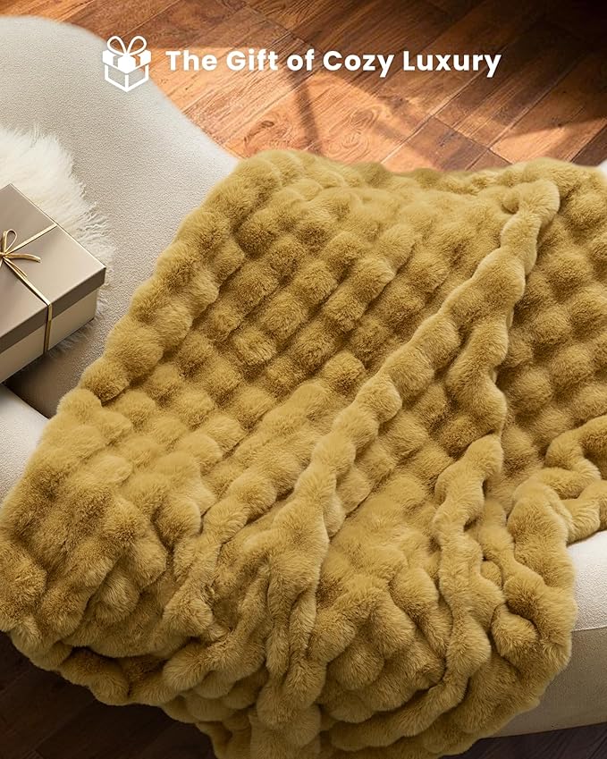 Ultra Soft Cozy Faux Fur Throw Blanket, Fuzzy Plush Thick Bubble Blanket, Oversize Luxury Fluffy Blanket for Couch, Sofa, Bedroom, and Living Room,50x60 Inches, Dark Yellow