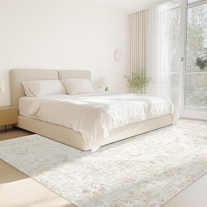 8x10 Area Rugs for Living Room: Washable Rug Vintage Large Rugs Soft Non Slip Low Pile Rug Floral Distressed Floor Carpet for Bedroom Kitchen Nursery Dining Room Home Office (Beige, 8'x10')