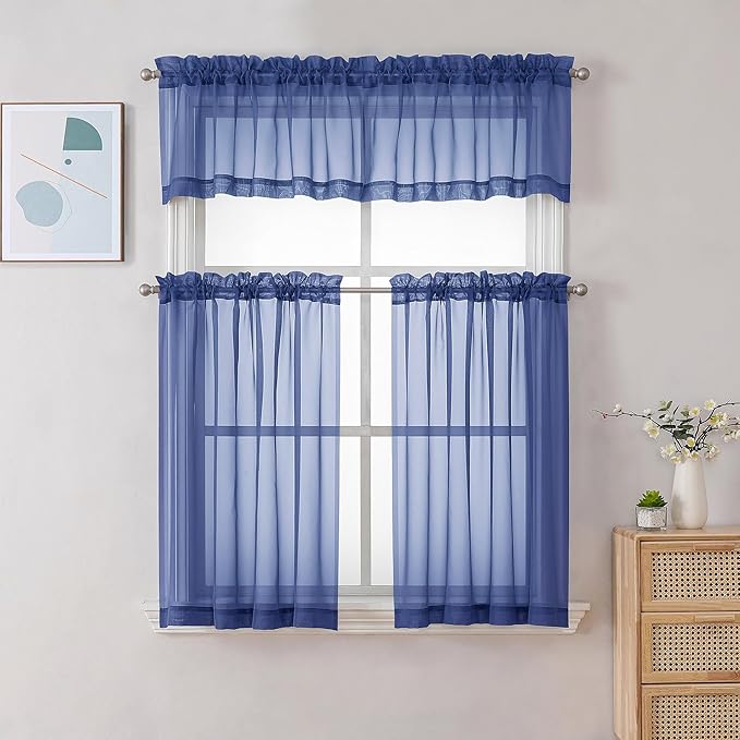 Chyhomenyc Royal Blue Sheer Valances for Windows - Light Filtering Small Kitchen Curtains, Rod Pocket Short Top Window Treatment Decor for Living Room Bathroom Basement, 42Wx16L inches, 2 Panels