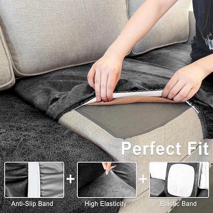 Leather Look Couch Cushion Covers Sofa Seat Slipcovers Sets Couches Furniture Protector for Sectional Armchair Loveseat Pets Kids Stretch Spandex Fabric (1 Cushion Armchair, Dark Grey)