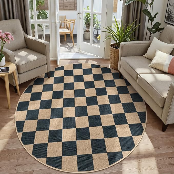 Lahome Colette Checkered Round Rugs 6ft, Outdoor Patio Easy Jute Rug Indoor Outdoor Circle Carpet, Farmhouse Nature Non Shedding Non Slip Washable Black Carpet for Living Room Entry Deck