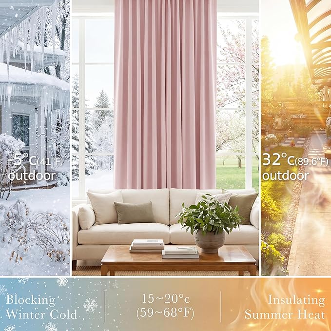 PONY DANCE Kitchen Curtains Short - Thermal Insulated Window Covering Curtain Panels with Rod Pocket/Back Tab Light Block for Bathroom, Wide 42 by Long 45 Inches, Blush Pink, 2 Pieces