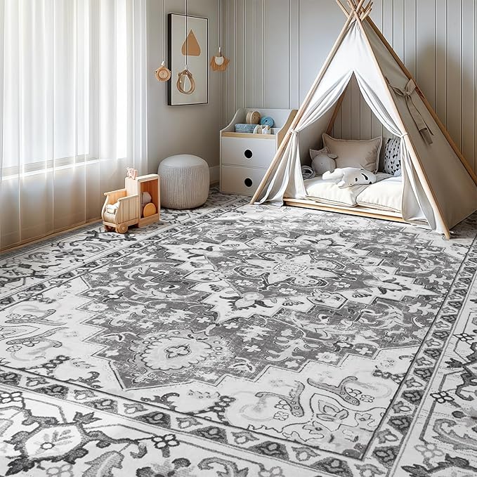 Lofus 5x7 Area Rugs for Living Room, Washable Area Rug, Rugs for Bedroom, Kitchen, Vintage Boho Carpet, Soft Non-Slip, Low Pile Large Area Rug for Office Dining Room, Floral Grey