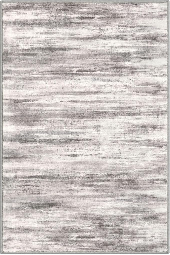 KOZYFLY Modern Abstract Small Area Rugs 2x3, Washable Kitchen Rug Non-Slip Soft Small Bathroom Rug, Grey/Light Beige/Brown Striped Entryway Rugs Abstract Print Faux Wool Doormat