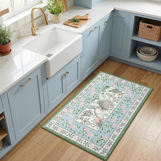 GarveeHome Blue Green Pink 2x3 Door Mat Indoor Rugs for Entryway Provence Small Botanical Grove Cottage core Washable Non-Slip Low-Pile Rug for Bedroom Bathroom Entrance TPE Backing