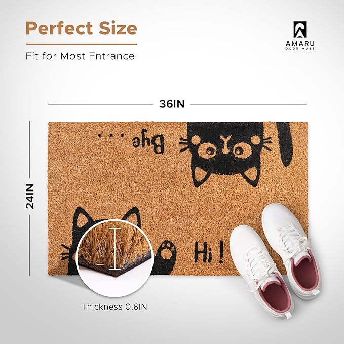 Hi-Bye Cat - 24"x36" - Coir Door Mat with Heavy Duty Backing - Welcome Mats for Entryway, Porch - Anti-Slip PVC & Coconut Fiber Surface - Natural Home Accessories, Minimalist Original Design