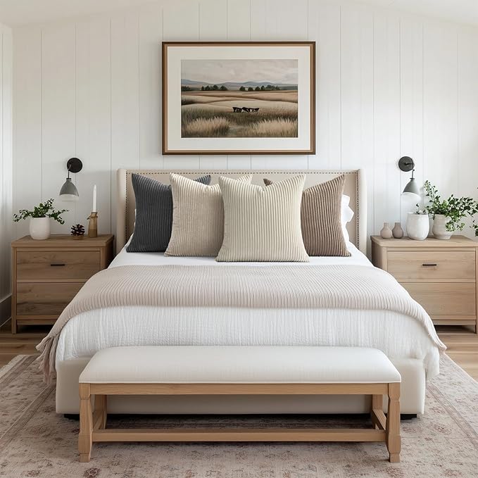 Topfinel 4 Packs Natural Decorative Throw Pillows Covers 26x26 Inch for Living Room Couch Bed Sofa, Rustic Farmhouse Boho Neutral Home Decor, Soft Plush Striped Corduroy Square Cushion Case 65x65 cm