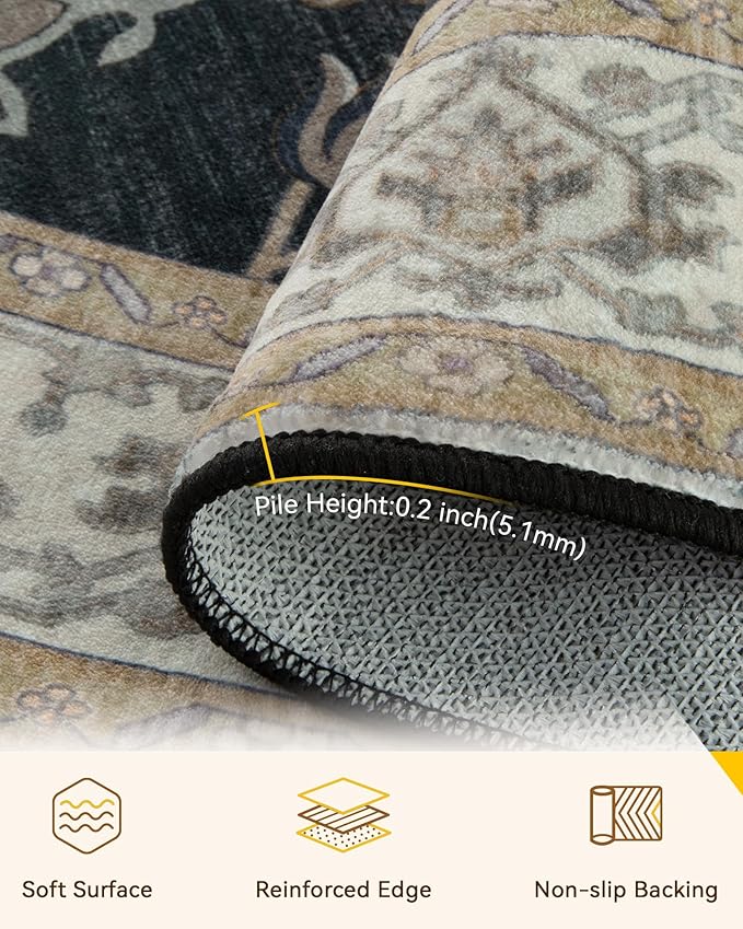 Area Rugs Round 4ft Washable Non-Slip, Floral Vintage Distress Print Pattern Medallion Carpet for Living Room Bedroom Dining Room, Vintage Black Brown Neutral