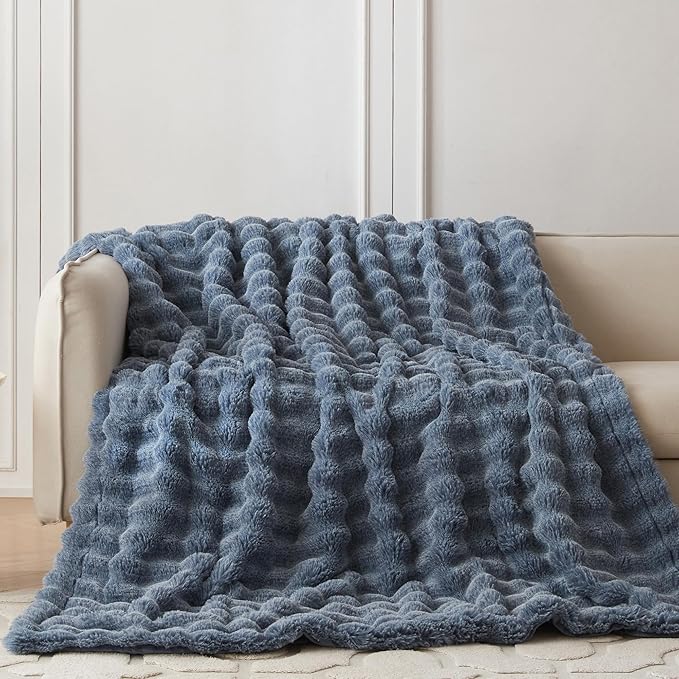 COOVA Faux Fur Throw Blanket for Couch, Cozy Soft and Fuzzy Plush Rabbit Fur Bubble Blanket for Sofa Bedroom Living Room, 60x80 Inches Cationic Dark Blue