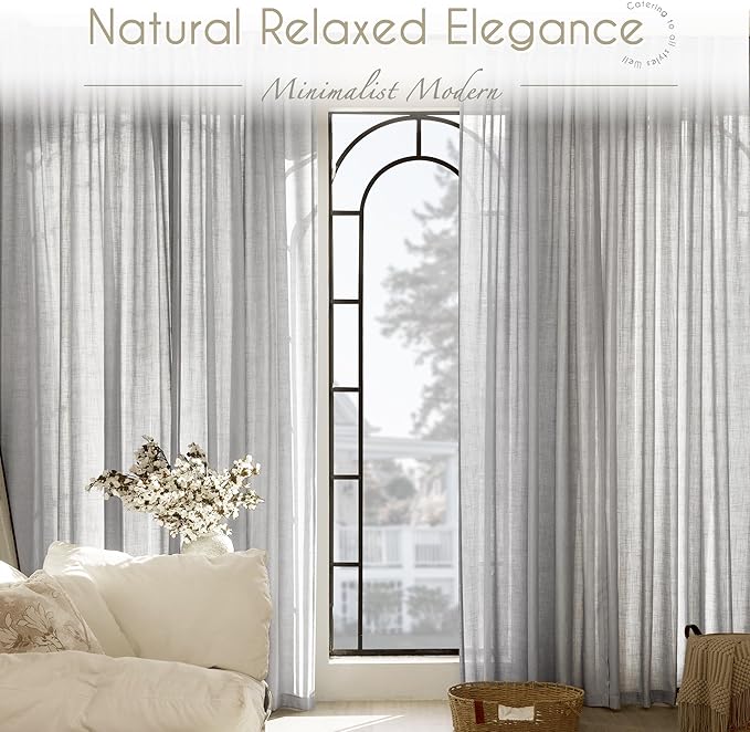 Linen Blend Grey Curtains for Living Room Back Tab Modern Farmhouse Semi Sheer Light Gray Curtains 102 inches Long 2 Panels Set Muted Neutral Cotton Texture Window Curtain for Dining Room Bedroom