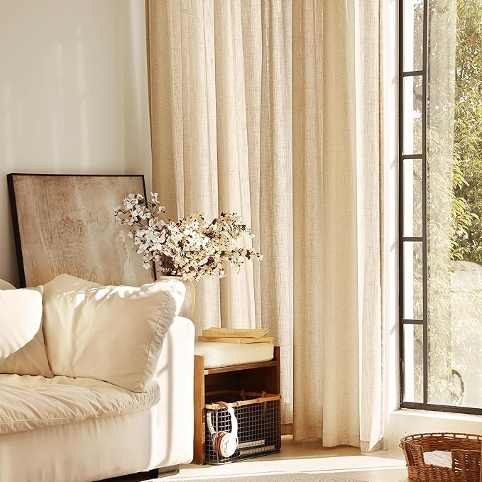 Tan Linen Curtains 102 inches Long for Living Room Back Tab Rustic Farmhouse Semi Sheer Light Filtering Window Curtain Dining Room Soft Thick Flax Linen Textured Drapes Kahki 52x102