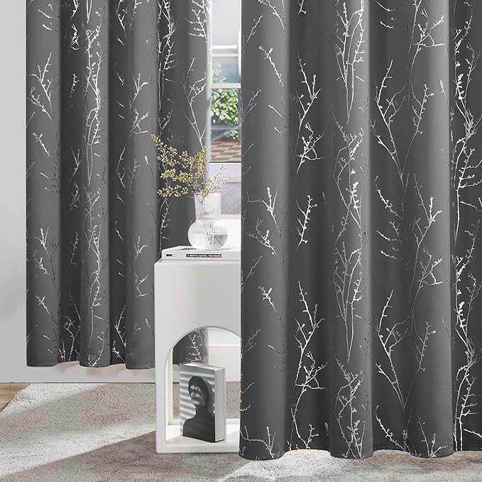 Deconovo Grey Blackout Curtains for Bedroom, Thermal Insulated Soundproof Drapes, Silver Branch Foil Print, 42 x 72 Inches Long, 2 Panels, Machine‑Washable Grommet Window Panel for Living Room Office