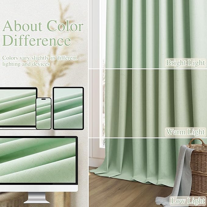Guken Aqua Green 100% Blackout Linen Curtains 80 Inch Length 2 Panels Set for Living Room Bedroom Back Tab Rod Pocket Thermal Insulated Black Out Drapes Room Darkening Window Curtains 80 Inches Long