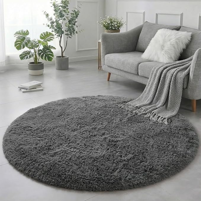 Amdrebio Grey Round Rugs 6Ft for Bedroom Living Room Decor, Fluffy Shaggy Circle Area Rug for Kids Room Classroom Playroom, Large Furry Floor Circular Gray Carpet for Teen Girls Boys Nursery Dorm