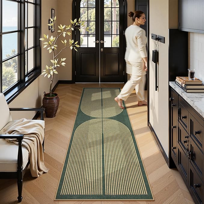 Lahome Enfys Modern Rainbow Easy Jute Kitchen Runner, 2x8 Indoor Outdoor Runner Rug for Hallway Entryway, Farmhouse Dark Green Non Slip Floor Carpet for Bedroom Foyer Laundry Room