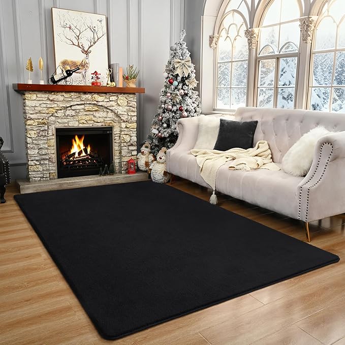 Amearea Large Modern Area Rugs for Bedroom Living Room, 5x8 Feet Black Thickened Memory Foam Rug, Fluffy Indoor Washable Rugs Non Slip Minimalist Carpet for Boys Girls Dorm Nursery Room Decor